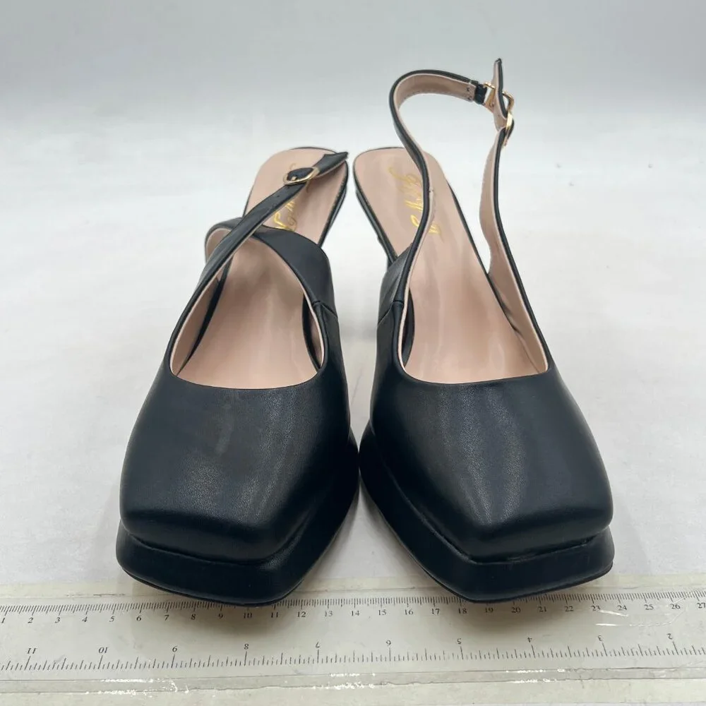 FOWT Black Platform Square Toe Pumps Block High Heels Slingbacks Work Shoes - Picture 3 of 8